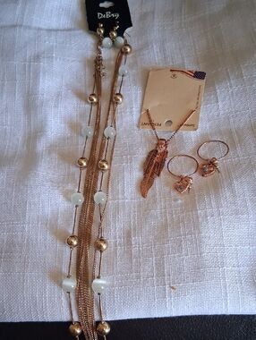 Rose Gold Tone Multi-Strand Necklace with White Beads